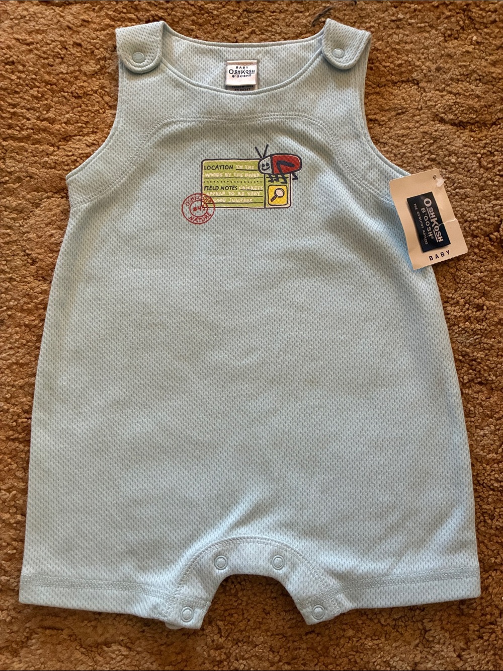 Vintage Deadstock OshKosh B'gosh Light Blue Baby Romper with Travel Patch